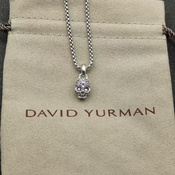 David Yurman Silver Skull Pendant Necklace with Light Purple Crystal Accents - Picture 3 of 3